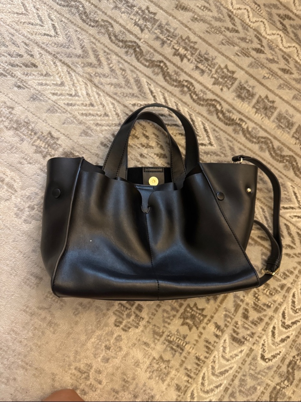 Black Leather Tote Bag with Detachable Strap